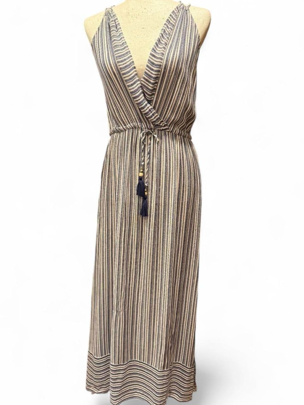 Striped Deep V-Neck Maxi Coverup Dress in Navy and Cream
